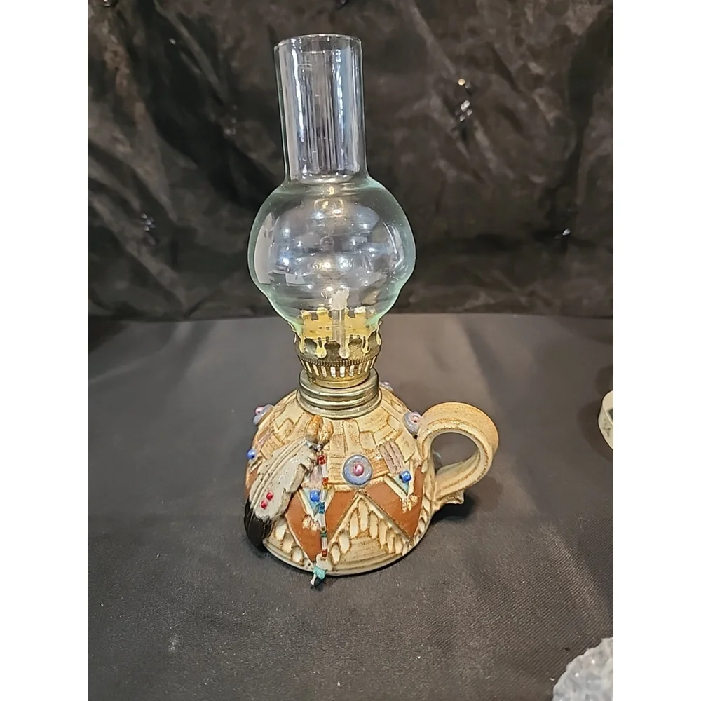 Vtg. Handmade Miniature Pottery Oil Lamp, Artist Signed, 7.5